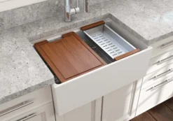 BOCCHI Contempo 27" Fireclay Workstation Farmhouse Sink Kit with Accessories, White, 1628-001-0120