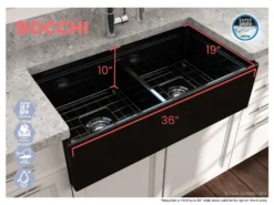 BOCCHI Contempo 36" Fireclay Workstation Farmhouse Sink with Accessories, 50/50 Double Bowl, Black, 1348-005-0120