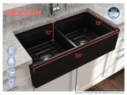BOCCHI Contempo 36" Fireclay Workstation Farmhouse Sink with Accessories, 50/50 Double Bowl, Matte Black, 1348-004-0120