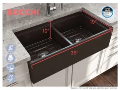 BOCCHI Contempo 36" Fireclay Workstation Farmhouse Sink with Accessories, 50/50 Double Bowl, Matte Brown, 1348-025-0120