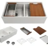 BOCCHI Contempo 36" Fireclay Workstation Farmhouse Sink with Accessories, 50/50 Double Bowl, Matte White, 1348-002-0120