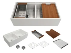 BOCCHI Contempo 36" Fireclay Workstation Farmhouse Sink with Accessories, 50/50 Double Bowl, Matte White, 1348-002-0120