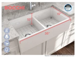 BOCCHI Contempo 36" Fireclay Workstation Farmhouse Sink with Accessories, 50/50 Double Bowl, Matte White, 1348-002-0120