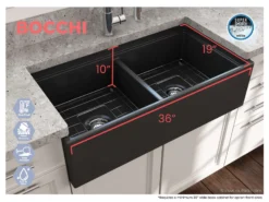 BOCCHI Contempo 36" Fireclay Workstation Farmhouse Sink with Accessories, 50/50 Double Bowl, Matte Dark Gray, 1348-020-0120