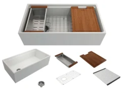 BOCCHI Contempo 36" Fireclay Workstation Farmhouse Sink with Accessories, Matte White, 1505-002-0120
