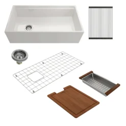BOCCHI Contempo 36" Fireclay Workstation Farmhouse Sink Kit with Faucet and Accessories, White (sink) / Chrome (faucet), 1505-001-2020CH