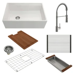 BOCCHI Contempo 30" Fireclay Workstation Farmhouse Sink Kit with Faucet and Accessories, White (sink) / Stainless Steel (faucet), 1344-001-2020SS
