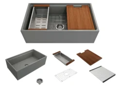 BOCCHI Contempo 33" Fireclay Workstation Farmhouse Sink with Accessories, Matte Gray, 1504-006-0120