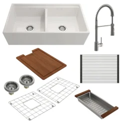 BOCCHI Contempo 36" White Fireclay Workstation Farmhouse Sink Kit with Stainless Steel Faucet and Accessories, 50/50 Double Bowl, 1348-001-2020SS