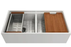BOCCHI Contempo 36" White Fireclay Workstation Farmhouse Sink Kit with Stainless Steel Faucet and Accessories, 50/50 Double Bowl, 1348-001-2020SS
