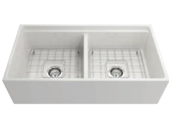 BOCCHI Contempo 36" White Fireclay Workstation Farmhouse Sink Kit with Chrome Faucet and Accessories, 50/50 Double Bowl, 1348-001-2020CH