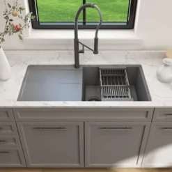 BOCCHI Levanzo 39" Dual Mount Granite Kitchen Sink Kit, Concrete Gray, Includes Drainboard, 1635-506-0120