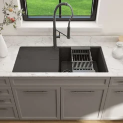 BOCCHI Levanzo 39" Dual Mount Granite Kitchen Sink Kit, Matte Black, Includes Drainboard, 1635-504-0120