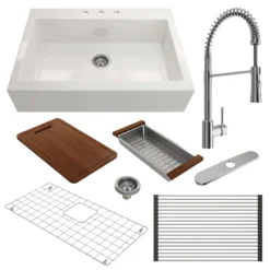BOCCHI Nuova 34" Fireclay Farmhouse Sink Kit with Faucet and Accessories, White (sink) / Chrome (faucet), 1500-001-2020CH