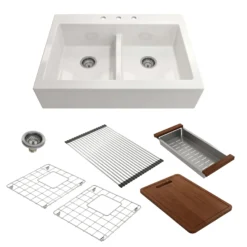 BOCCHI Nuova 34" Fireclay Farmhouse Sink Kit with Accessories, 50/50 Double Bowl, White, 1501-001-KIT1