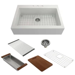 BOCCHI Nuova 34" Fireclay Farmhouse Sink Kit with Accessories, White, 1500-001-KIT1