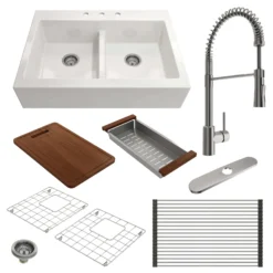 BOCCHI Nuova 34" Fireclay Farmhouse Sink Kit with Faucet and Accessories, 50/50 Double Bowl, White (sink) / Stainless Steel (faucet), 1501-001-2020SS