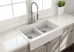 BOCCHI Nuova 34" Fireclay Farmhouse Sink Kit with Faucet and Accessories, 50/50 Double Bowl, White (sink) / Stainless Steel (faucet), 1501-001-2020SS