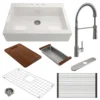 BOCCHI Nuova 34" Fireclay Farmhouse Sink Kit with Faucet and Accessories, White (sink) / Stainless Steel (faucet), 1500-001-2020SS