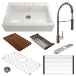 BOCCHI Nuova 34" Fireclay Farmhouse Sink Kit with Faucet and Accessories, White (sink) / Stainless Steel (faucet), 1500-001-2020SS