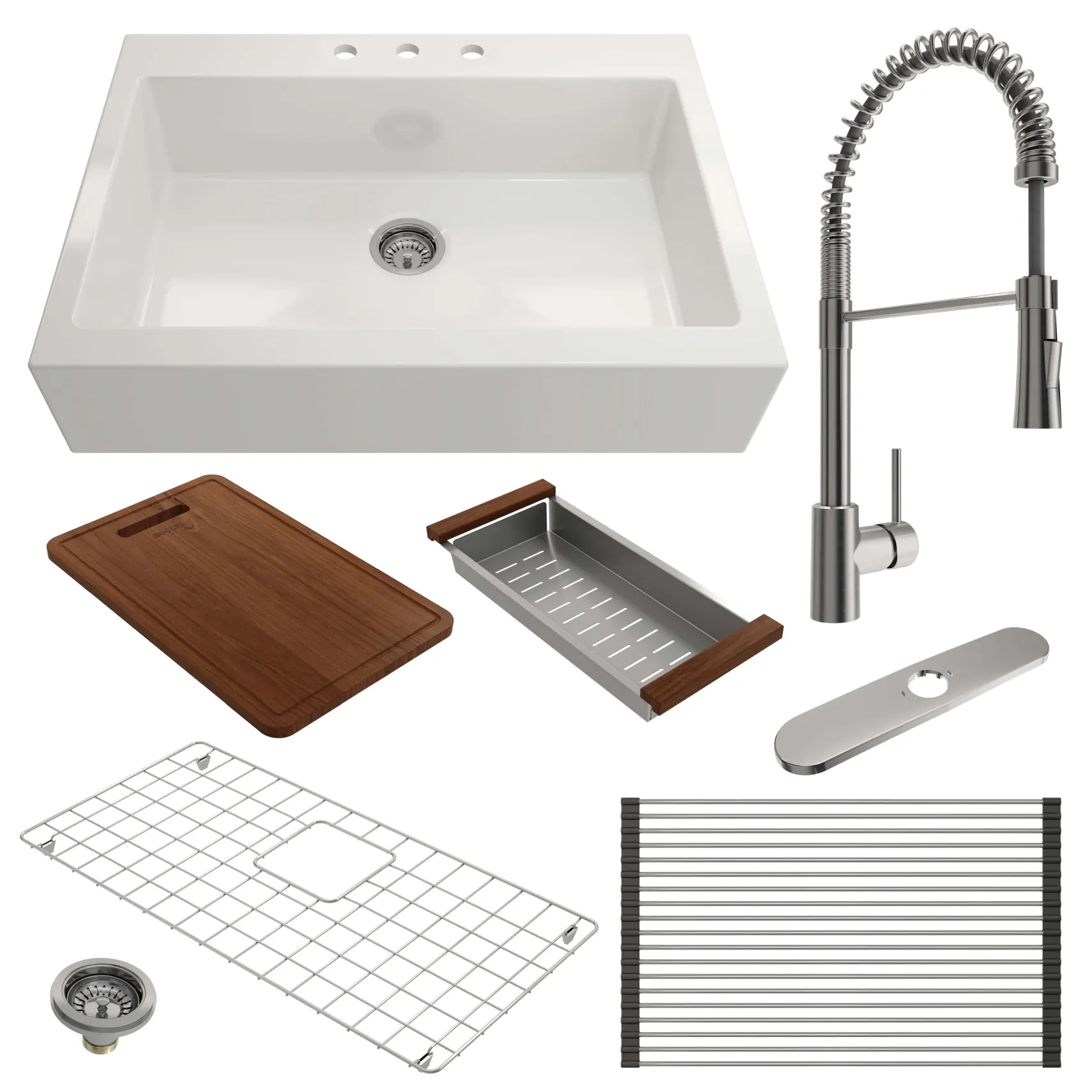 BOCCHI Nuova 34" Fireclay Farmhouse Sink Kit with Faucet and Accessories, White (sink) / Stainless Steel (faucet), 1500-001-2020SS