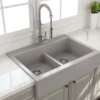 BOCCHI Nuova 34" Fireclay Retrofit Drop-In Farmhouse Sink with Accessories, 50/50 Double Bowl, Matte Gray, 1501-006-0127