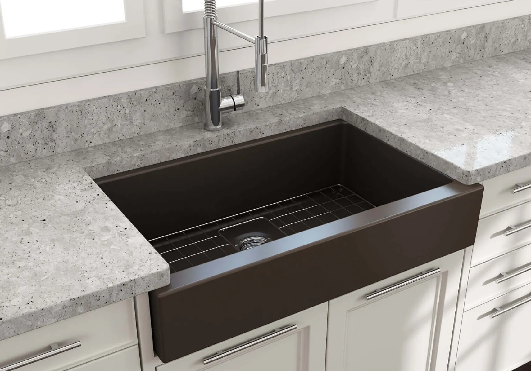 BOCCHI Nuova 34" Fireclay Retrofit Farmhouse Sink with Accessories, Matte Brown, 1551-025-0120