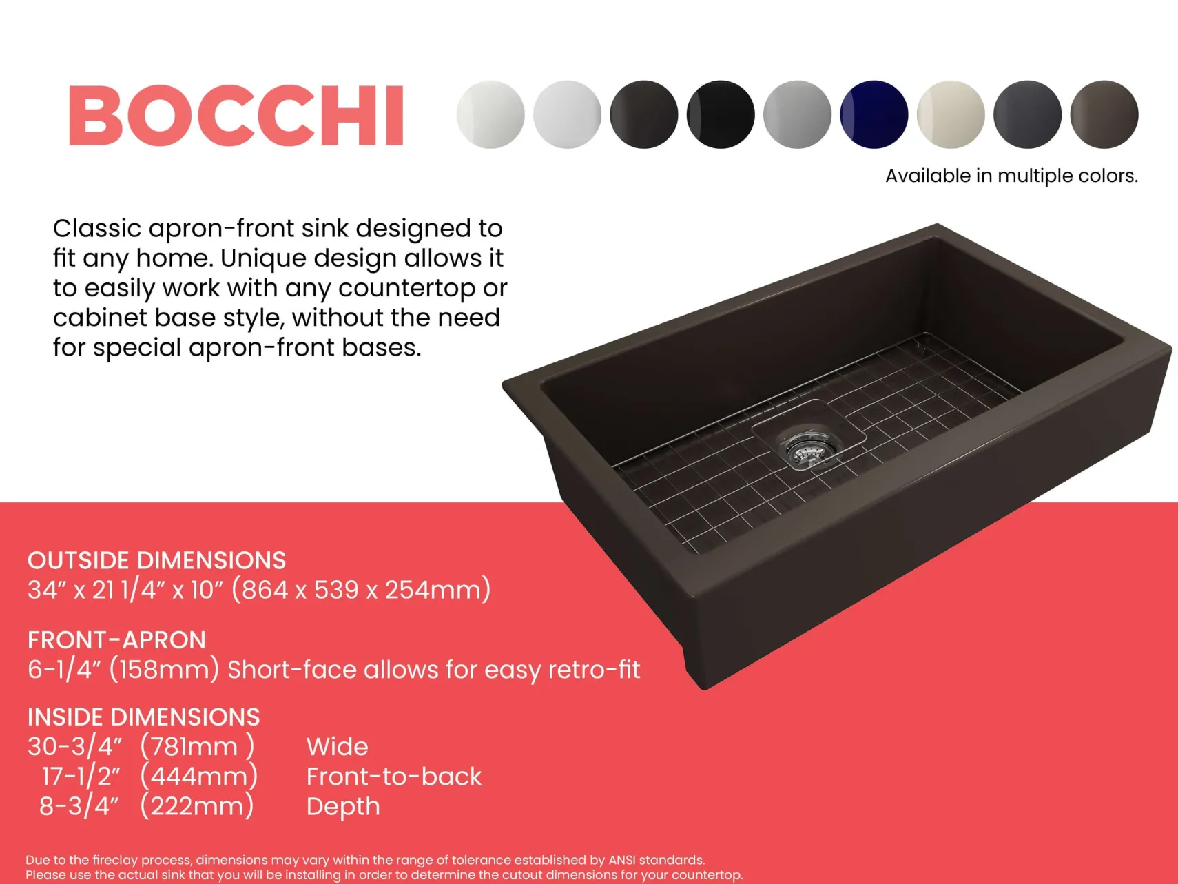 BOCCHI Nuova 34" Fireclay Retrofit Farmhouse Sink with Accessories, Matte Brown, 1551-025-0120