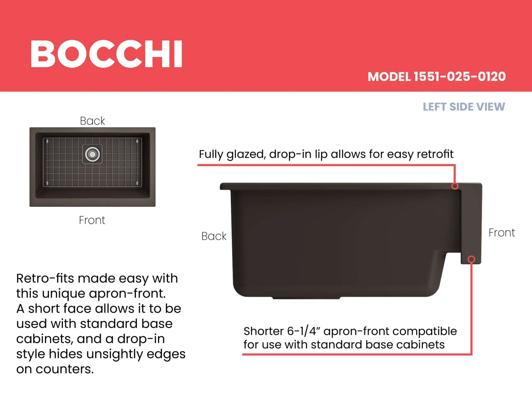 BOCCHI Nuova 34" Fireclay Retrofit Farmhouse Sink with Accessories, Matte Brown, 1551-025-0120