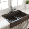 BOCCHI Nuova 34" Fireclay Retrofit Drop-In Farmhouse Sink with Accessories, 50/50 Double Bowl, Matte Brown, 1501-025-0127