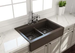 BOCCHI Nuova 34" Fireclay Retrofit Drop-In Farmhouse Sink with Accessories, 50/50 Double Bowl, Matte Brown, 1501-025-0127