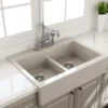 BOCCHI Nuova 34" Fireclay Retrofit Drop-In Farmhouse Sink with Accessories, 50/50 Double Bowl, Biscuit, 1501-014-0127