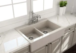 BOCCHI Nuova 34" Fireclay Retrofit Drop-In Farmhouse Sink with Accessories, 50/50 Double Bowl, Biscuit, 1501-014-0127