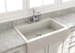 BOCCHI Nuova 34" Fireclay Retrofit Drop-In Farmhouse Sink with Accessories, Biscuit, 1500-014-0127