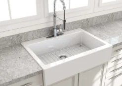 BOCCHI Nuova 34" Fireclay Retrofit Drop-In Farmhouse Sink with Accessories, White, 1500-001-0127