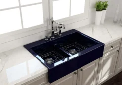 BOCCHI Nuova 34" Fireclay Retrofit Drop-In Farmhouse Sink with Accessories, 50/50 Double Bowl, Sapphire Blue, 1501-010-0127