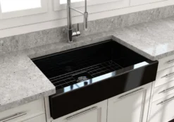 BOCCHI Nuova 34" Fireclay Retrofit Farmhouse Sink with Accessories, Black, 1551-005-0120