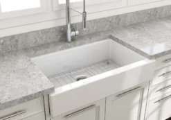 BOCCHI Nuova 34" Fireclay Retrofit Farmhouse Sink with Accessories, White, 1551-001-0120