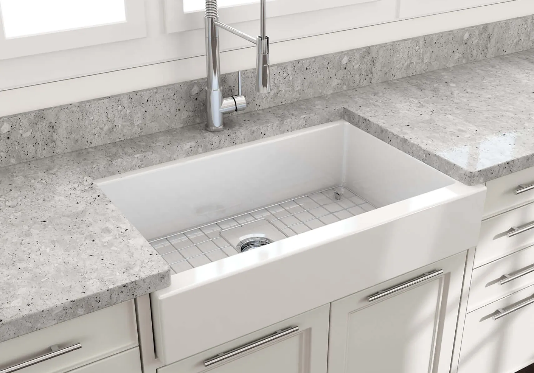 BOCCHI Nuova 34" Fireclay Retrofit Farmhouse Sink with Accessories, White, 1551-001-0120
