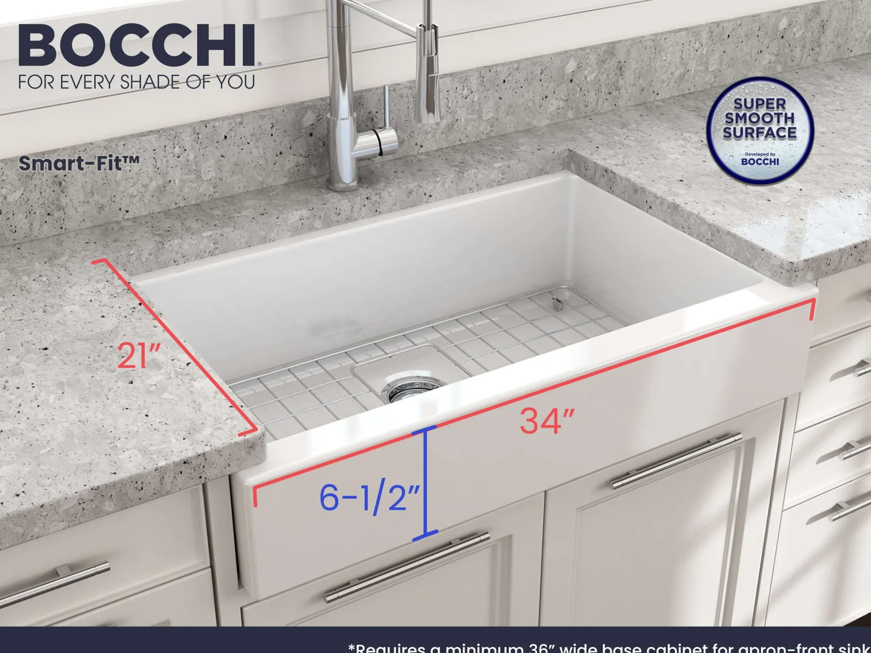 BOCCHI Nuova 34" Fireclay Retrofit Farmhouse Sink with Accessories, White, 1551-001-0120