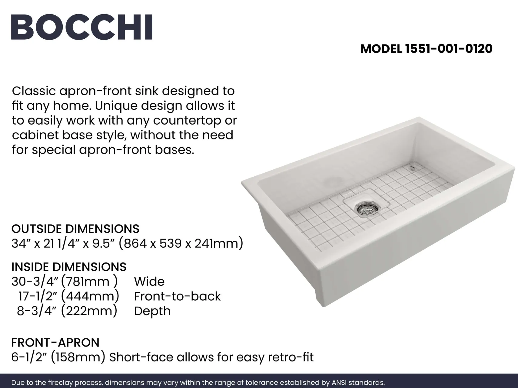 BOCCHI Nuova 34" Fireclay Retrofit Farmhouse Sink with Accessories, White, 1551-001-0120