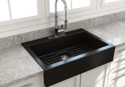 BOCCHI Nuova 34" Fireclay Retrofit Drop-In Farmhouse Sink with Accessories, Matte Black, 1500-004-0127