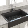 BOCCHI Nuova 34" Fireclay Retrofit Drop-In Farmhouse Sink with Accessories, Matte Dark Gray, 1500-020-0127