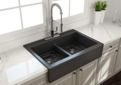 BOCCHI Nuova 34" Fireclay Retrofit Drop-In Farmhouse Sink with Accessories, 50/50 Double Bowl, Matte Dark Gray, 1501-020-0127