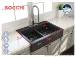 BOCCHI Nuova 34" Fireclay Retrofit Drop-In Farmhouse Sink with Accessories, 50/50 Double Bowl, Matte Dark Gray, 1501-020-0127