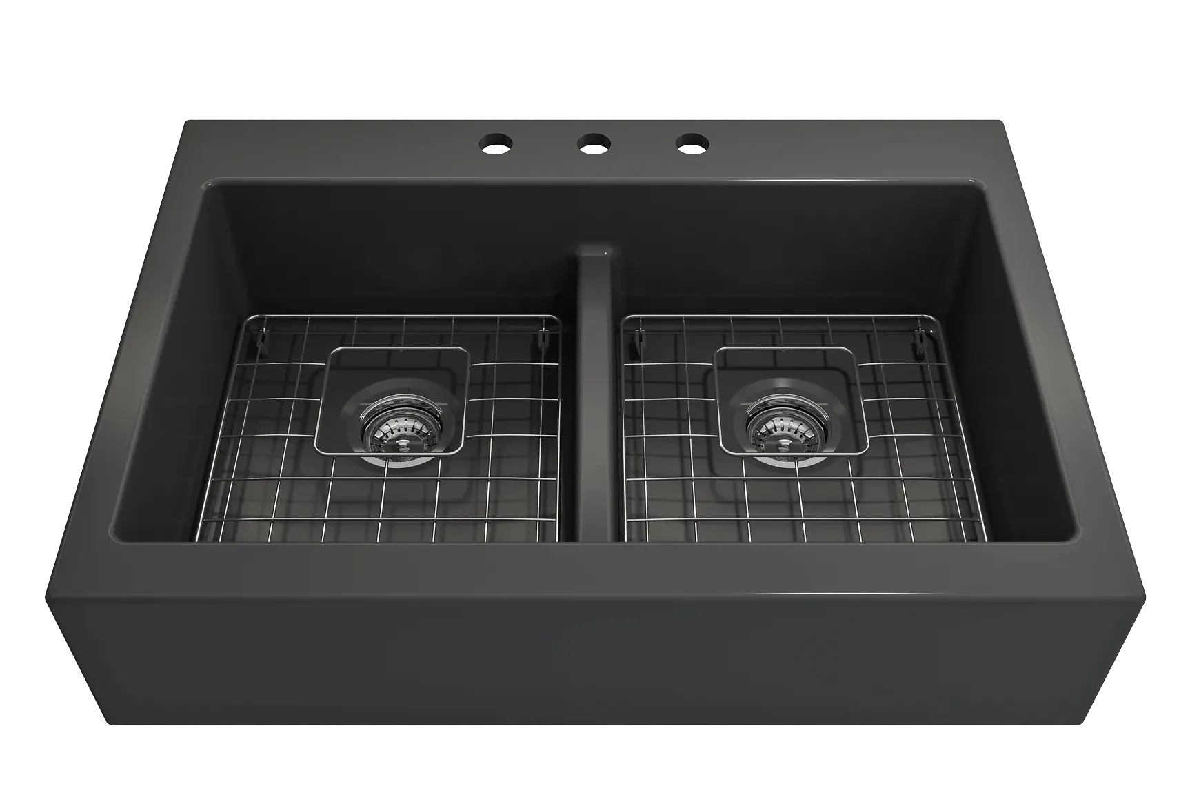 BOCCHI Nuova 34" Fireclay Retrofit Drop-In Farmhouse Sink with Accessories, 50/50 Double Bowl, Matte Dark Gray, 1501-020-0127