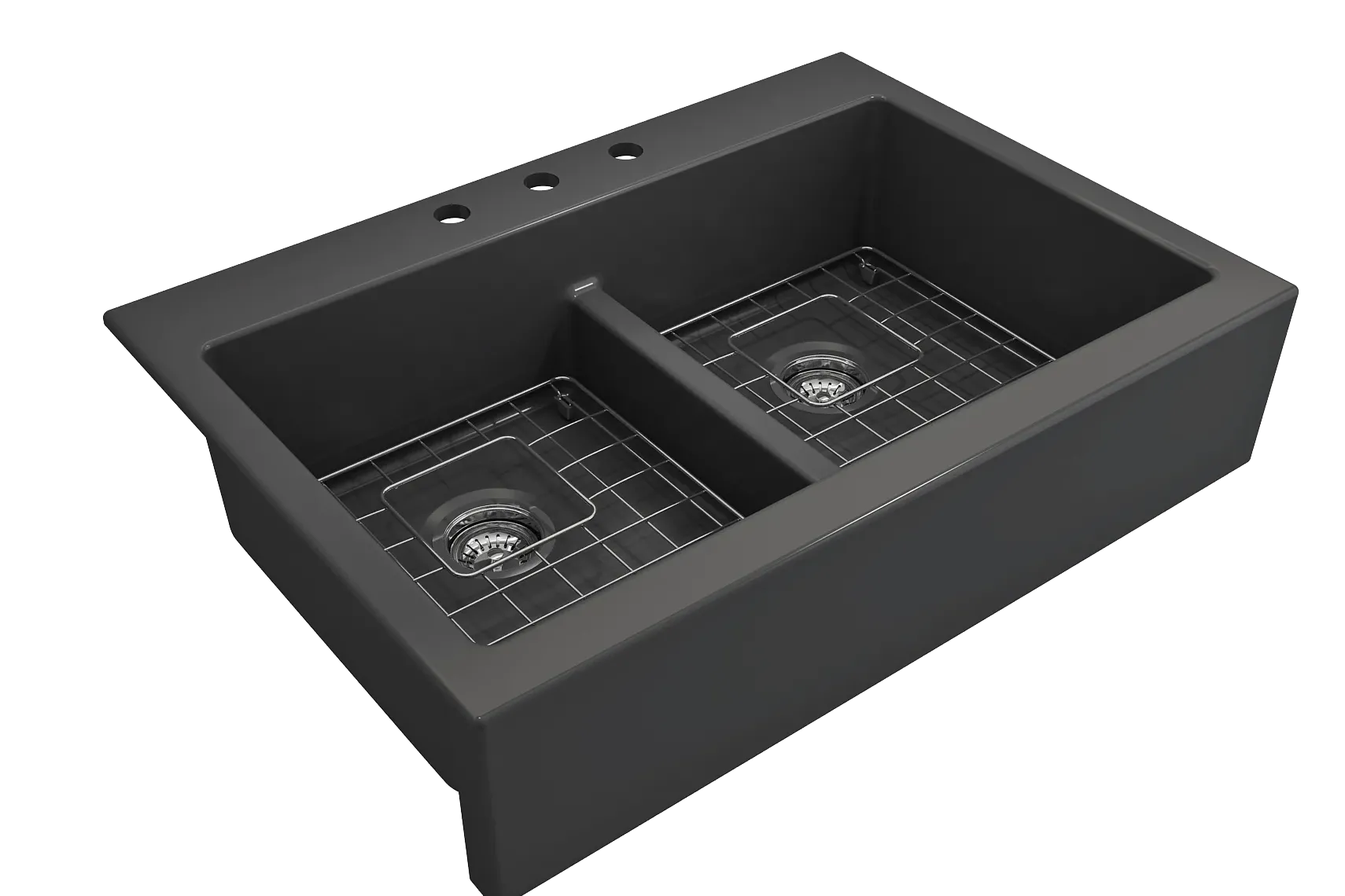 BOCCHI Nuova 34" Fireclay Retrofit Drop-In Farmhouse Sink with Accessories, 50/50 Double Bowl, Matte Dark Gray, 1501-020-0127