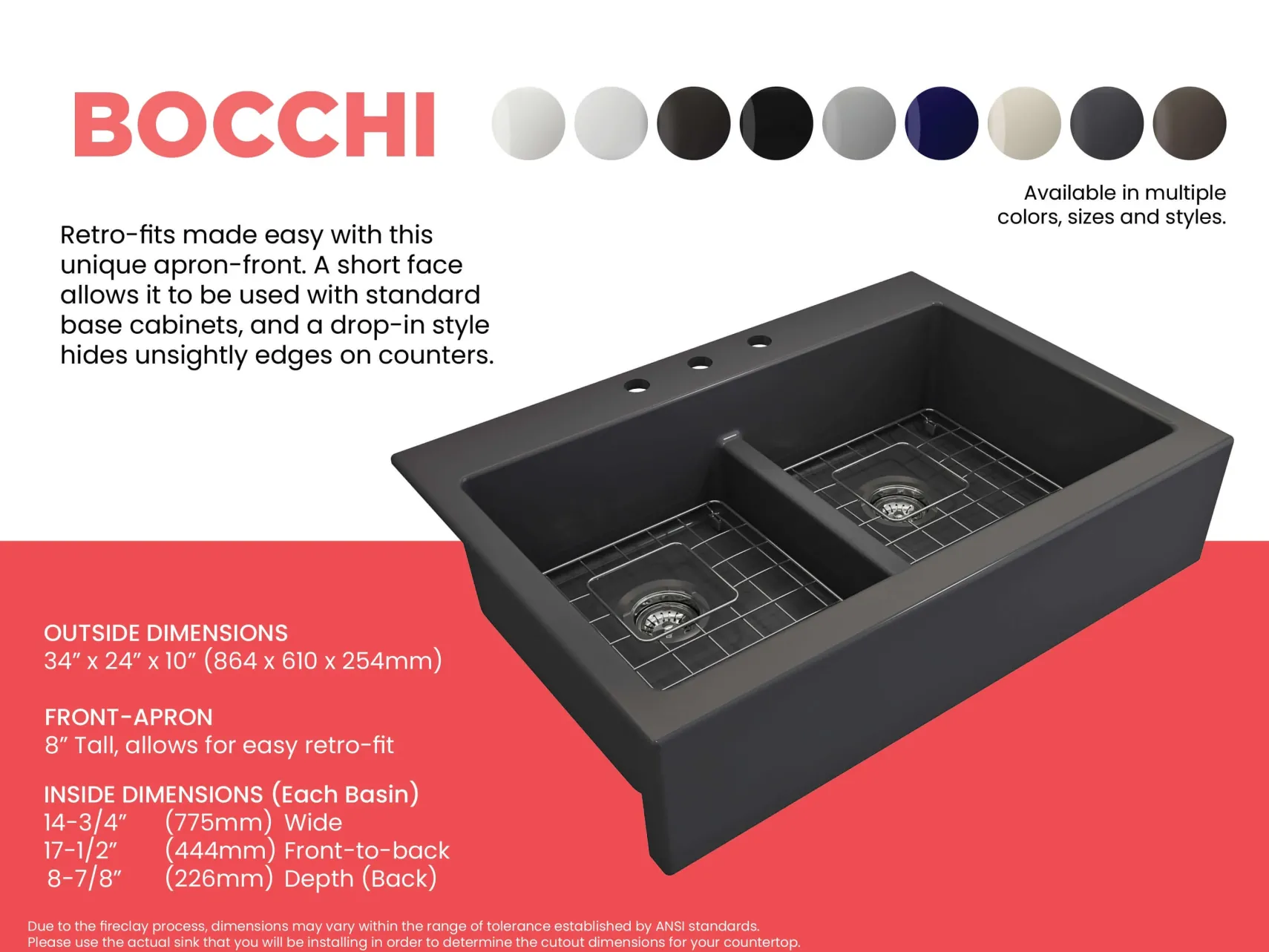 BOCCHI Nuova 34" Fireclay Retrofit Drop-In Farmhouse Sink with Accessories, 50/50 Double Bowl, Matte Dark Gray, 1501-020-0127