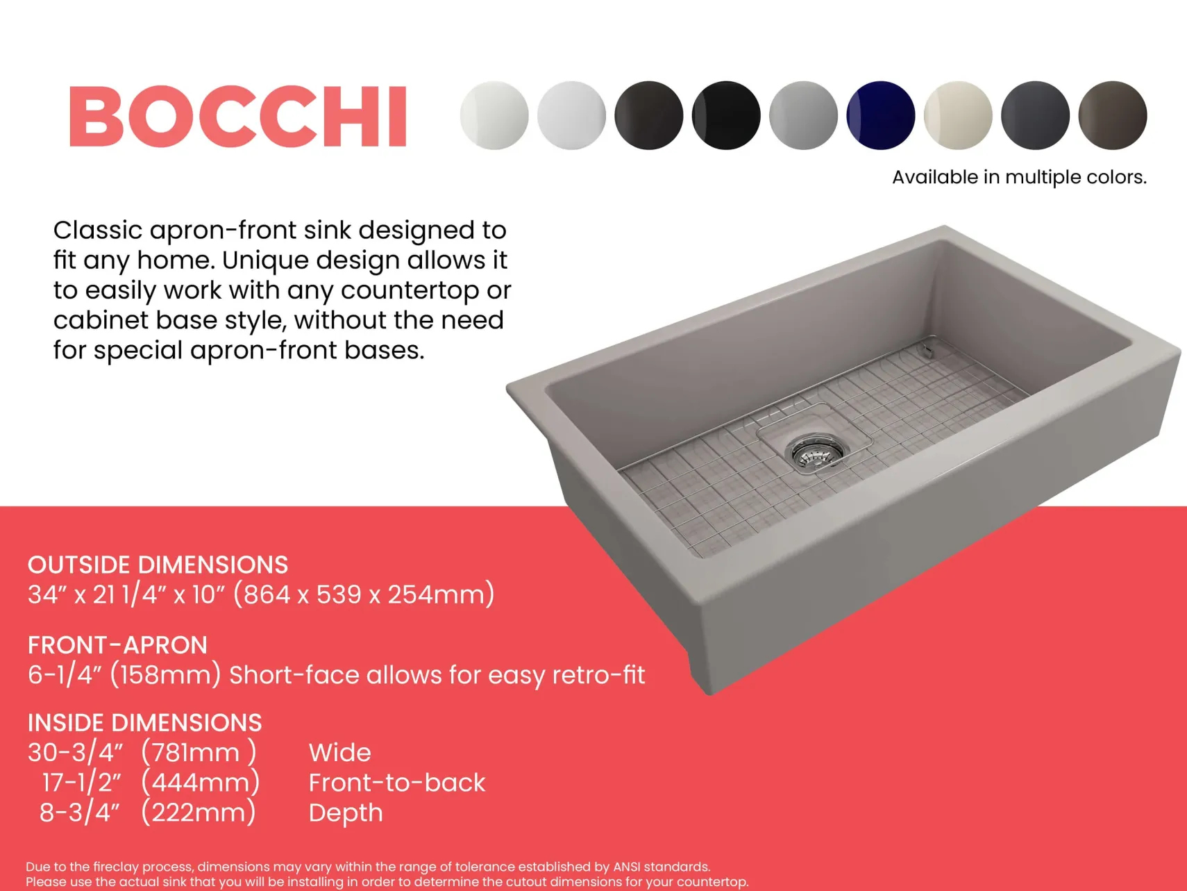 BOCCHI Nuova 34" Fireclay Retrofit Farmhouse Sink with Accessories, Matte Gray, 1551-006-0120