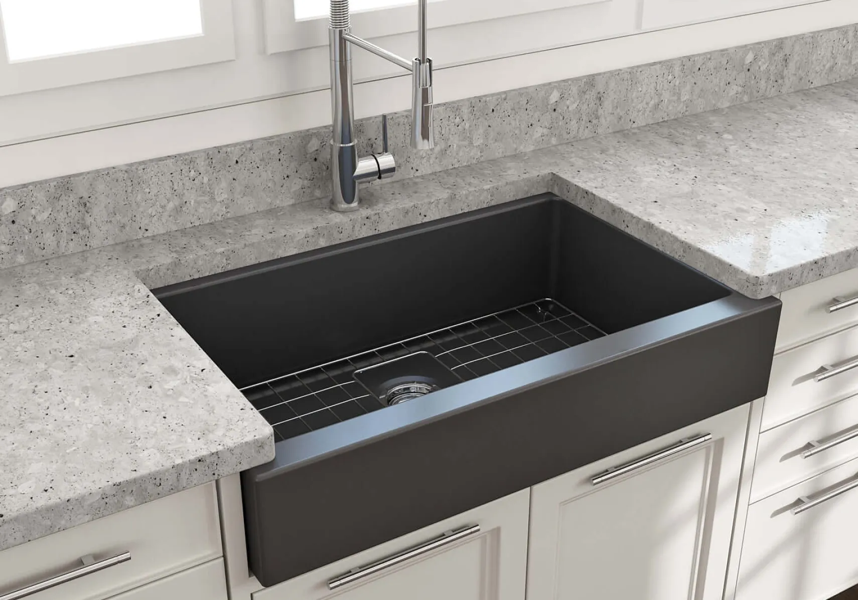 BOCCHI Nuova 34" Fireclay Retrofit Farmhouse Sink with Accessories, Matte Dark Gray, 1551-020-0120